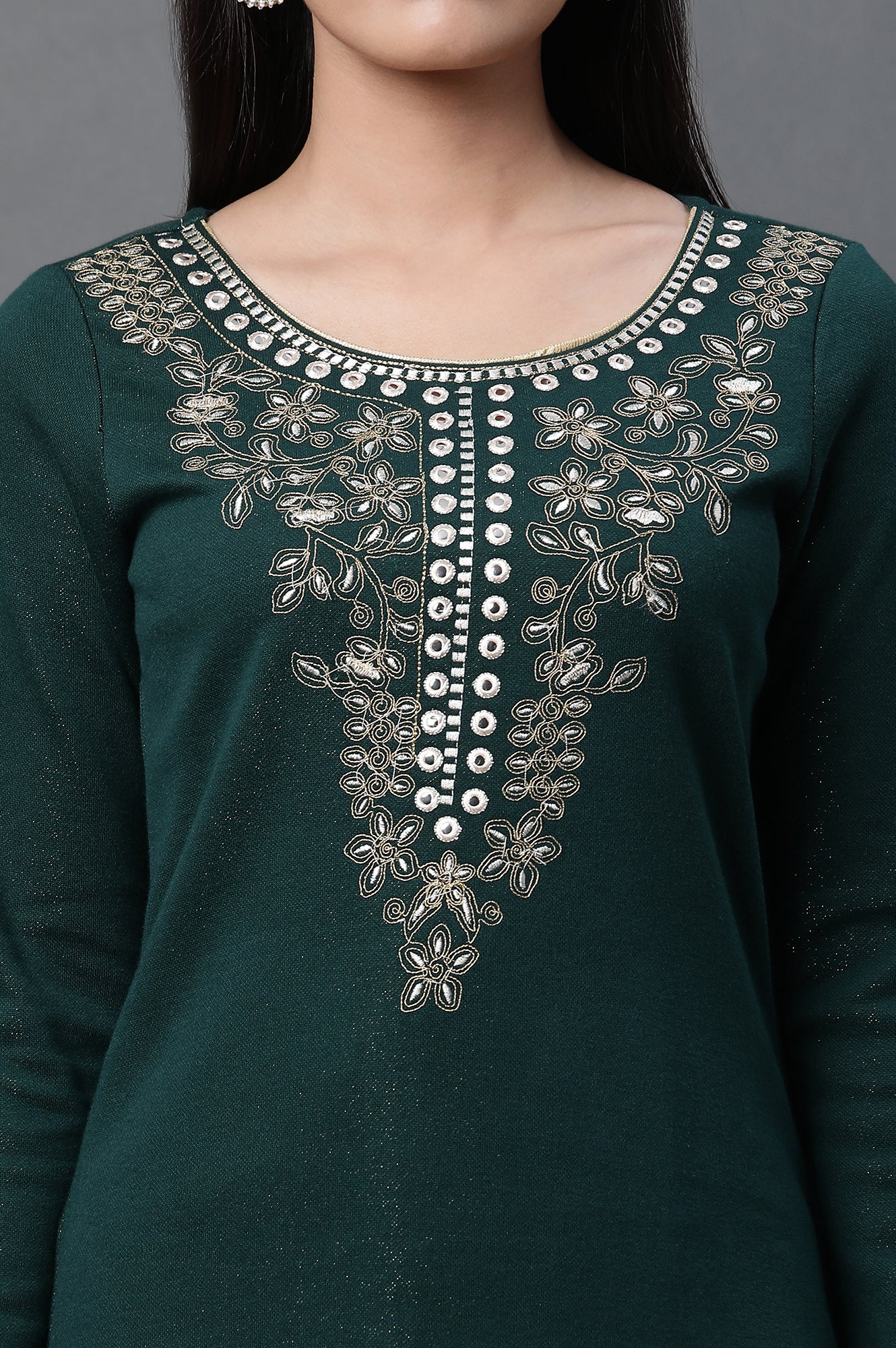 Green Zari Embroidered Ethnic Winter Kurta