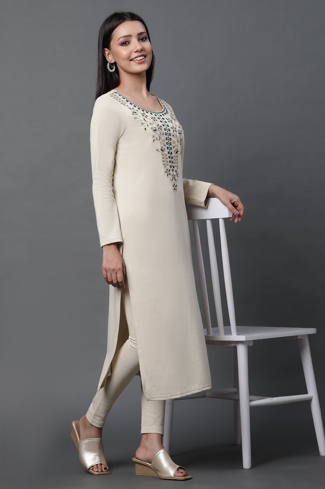 Ecru Zari Embroidered Ethnic Winter Kurta