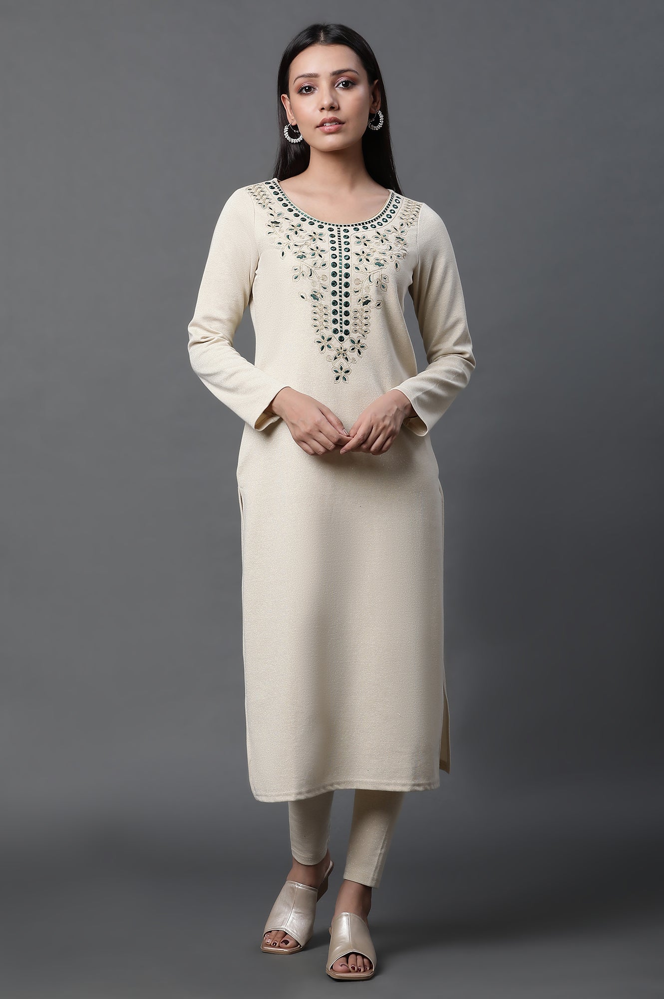 Ecru Zari Embroidered Ethnic Winter Kurta