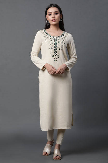 Ecru Zari Embroidered Ethnic Winter Kurta