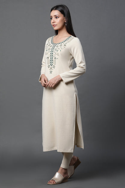 Ecru Zari Embroidered Ethnic Winter Kurta