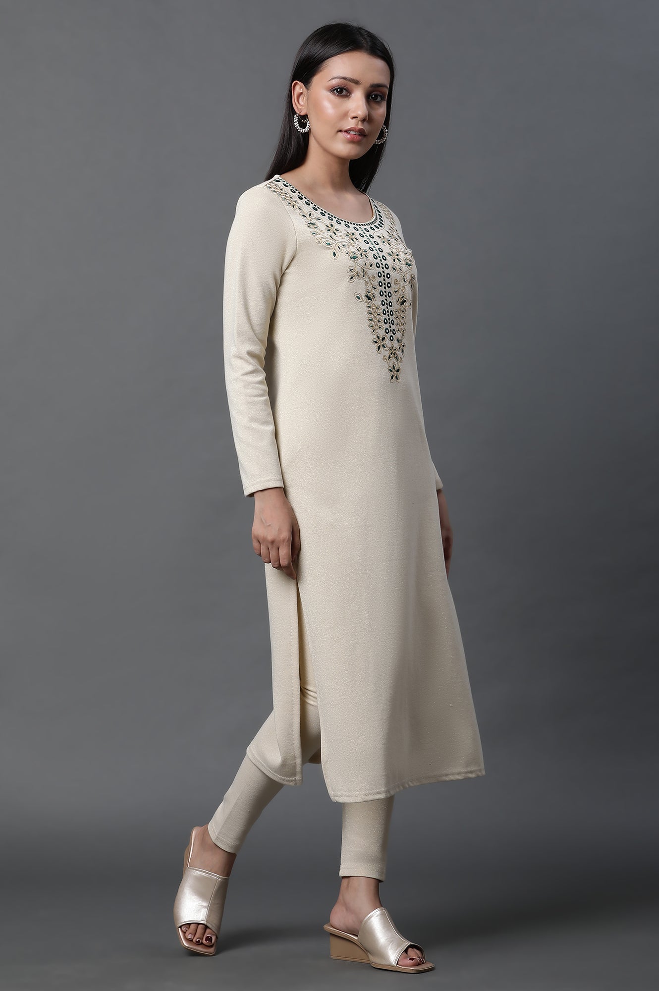 Ecru Zari Embroidered Ethnic Winter Kurta