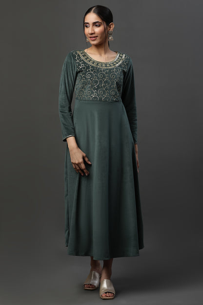 Green Embellished Velvet Festive Winter Dress