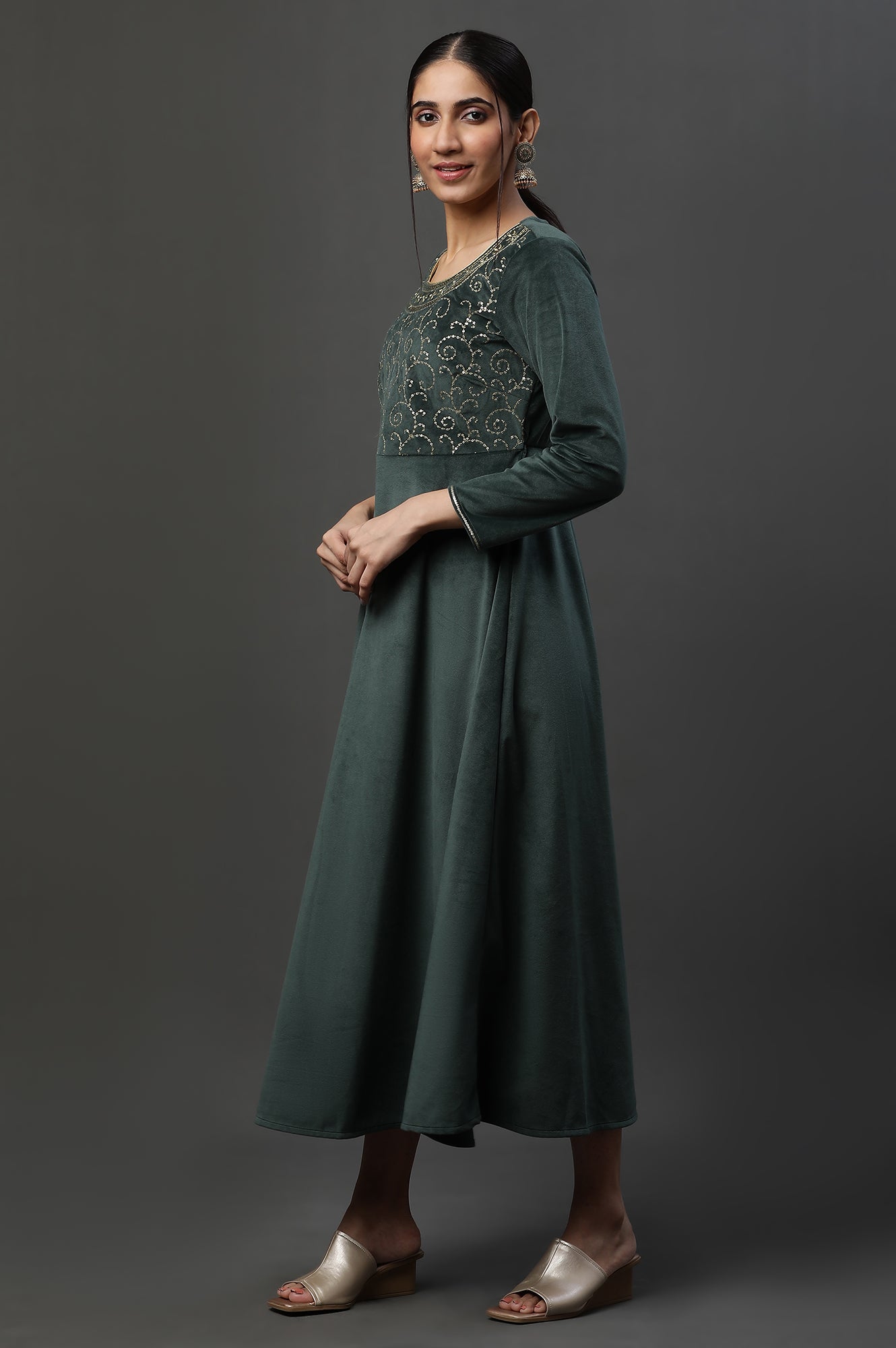 Green Embellished Velvet Festive Winter Dress