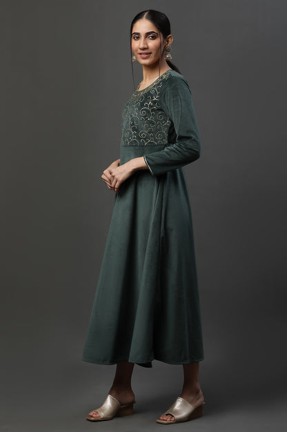 Green Embellished Velvet Festive Winter Dress