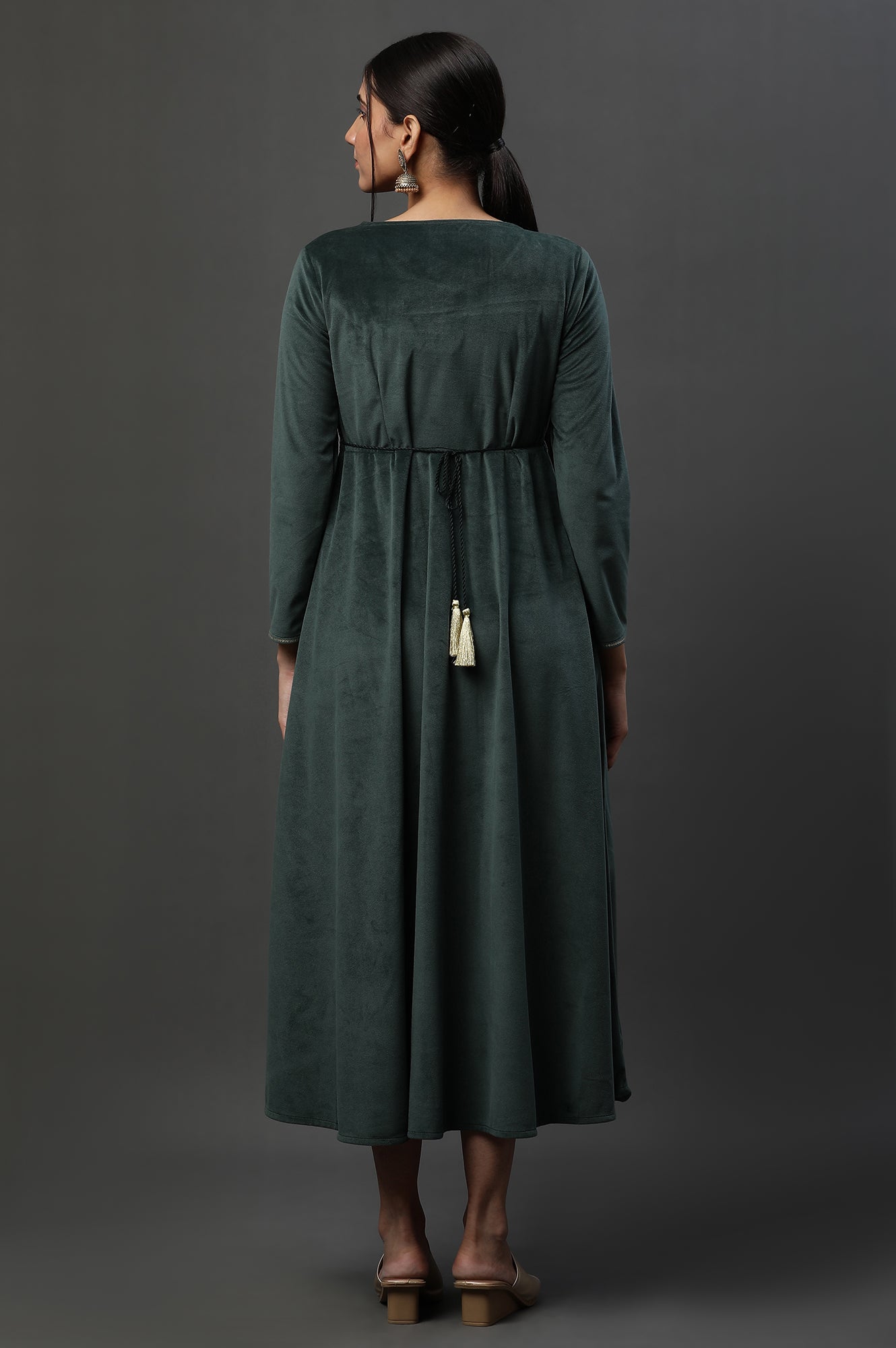 Buy Green Embellished Velvet Festive Winter Dress Online for Woman