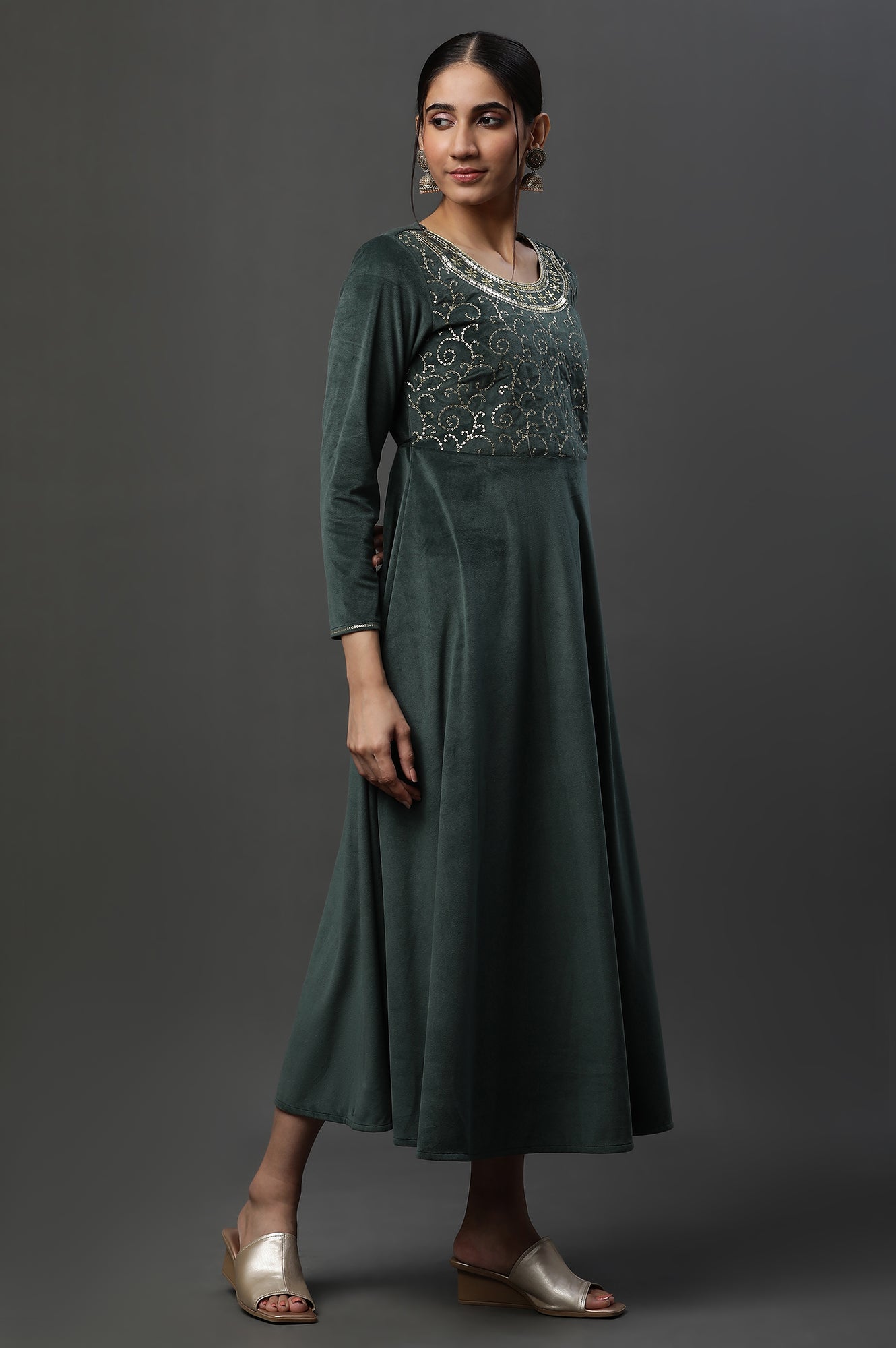 Green Embellished Velvet Festive Winter Dress