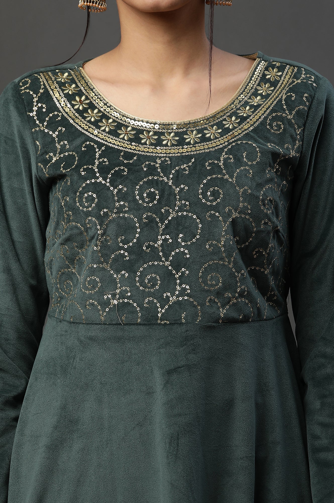 Buy Green Embellished Velvet Festive Winter Dress Online for Woman