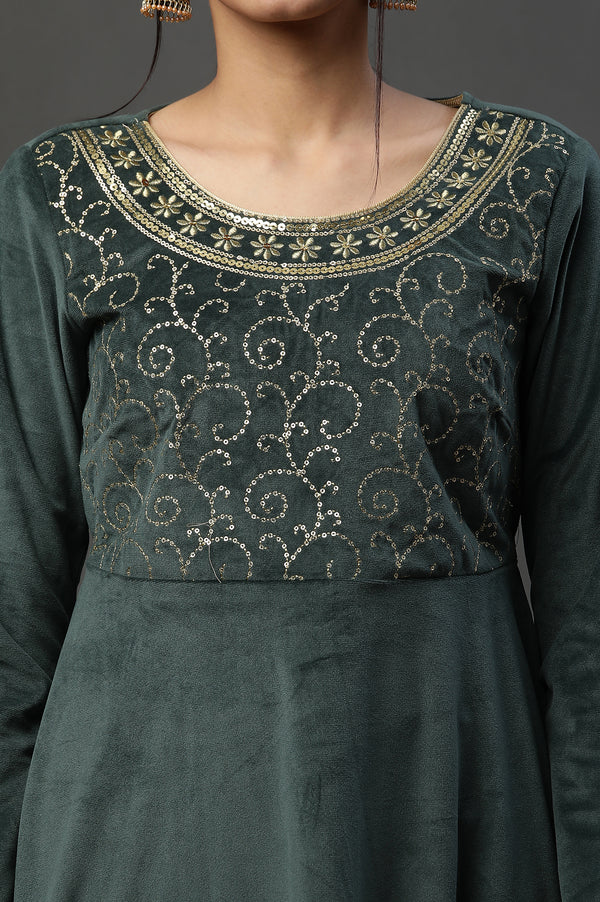 Green Embellished Velvet Festive Winter Dress