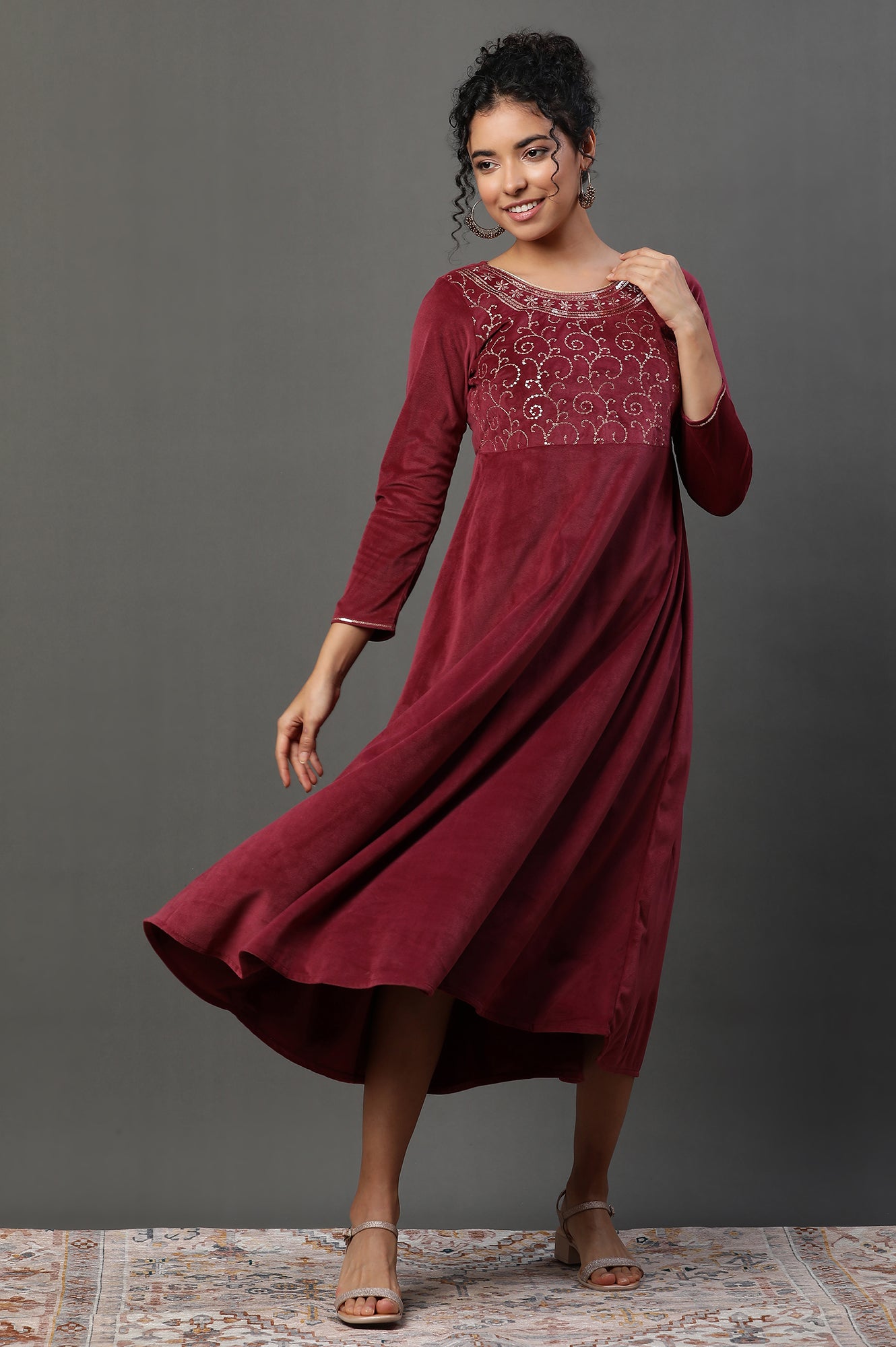 Red Embellished Velvet Festive Winter Dress