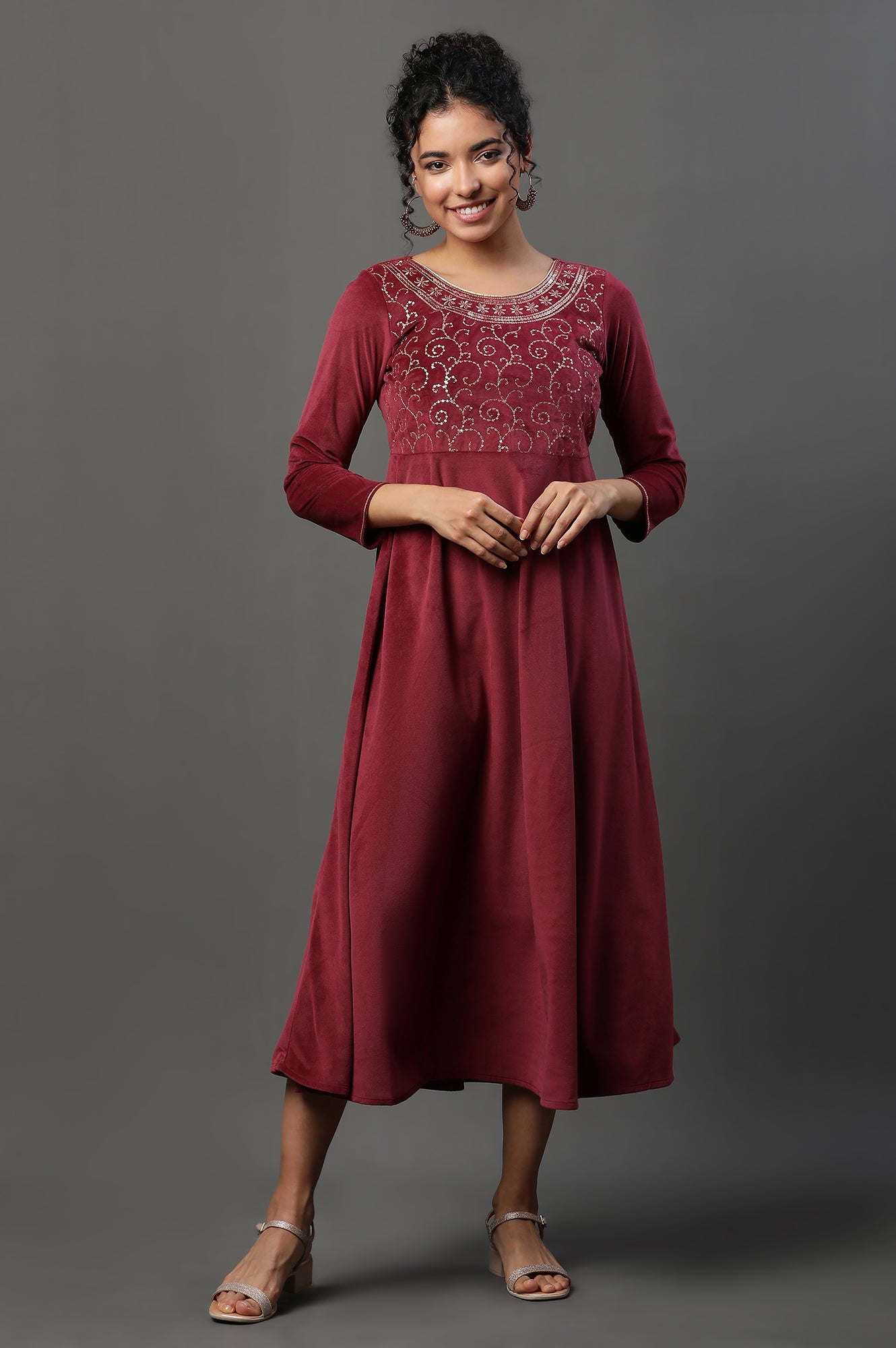 Red Embellished Velvet Festive Winter Dress