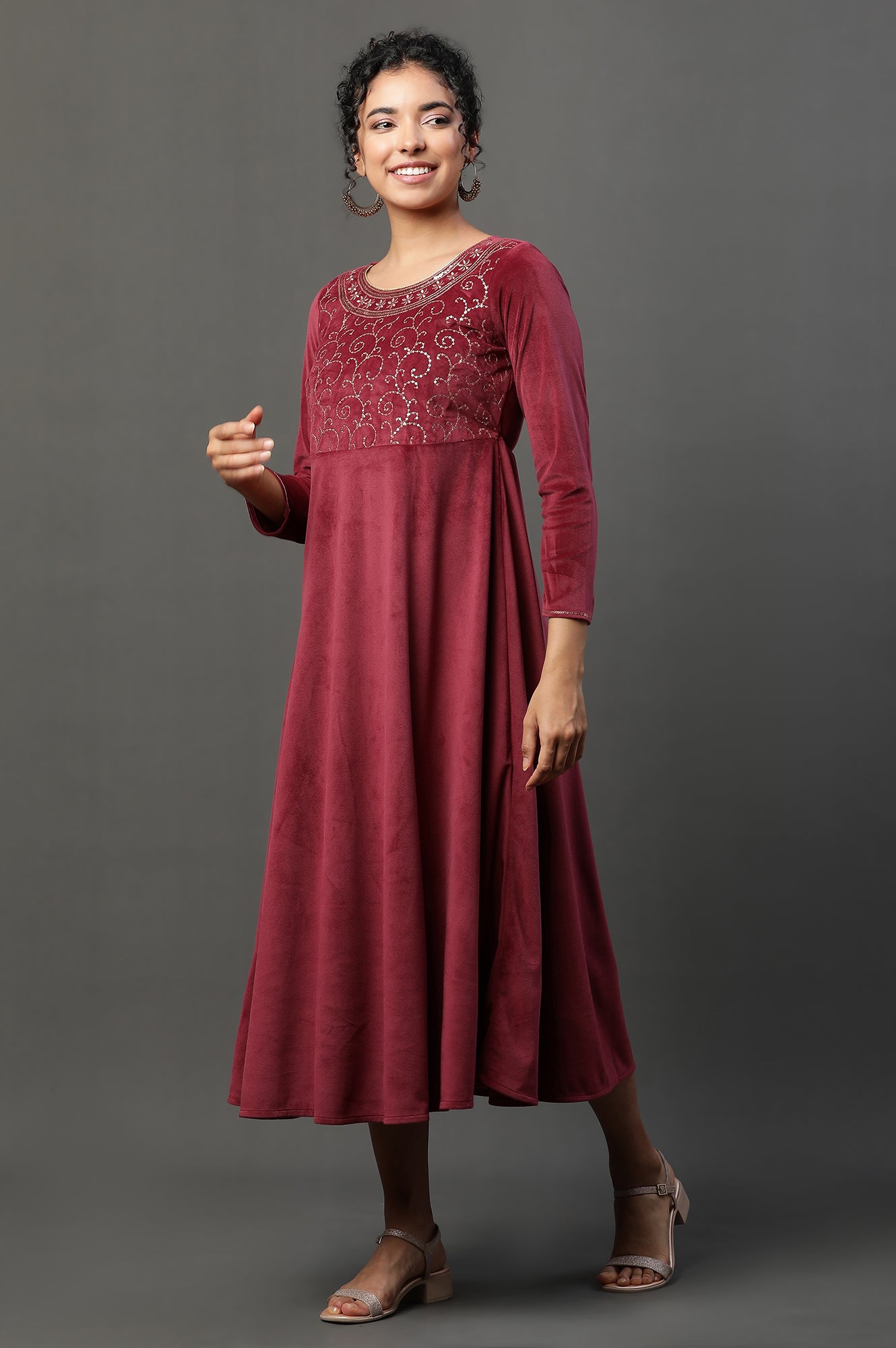 Red Embellished Velvet Festive Winter Dress