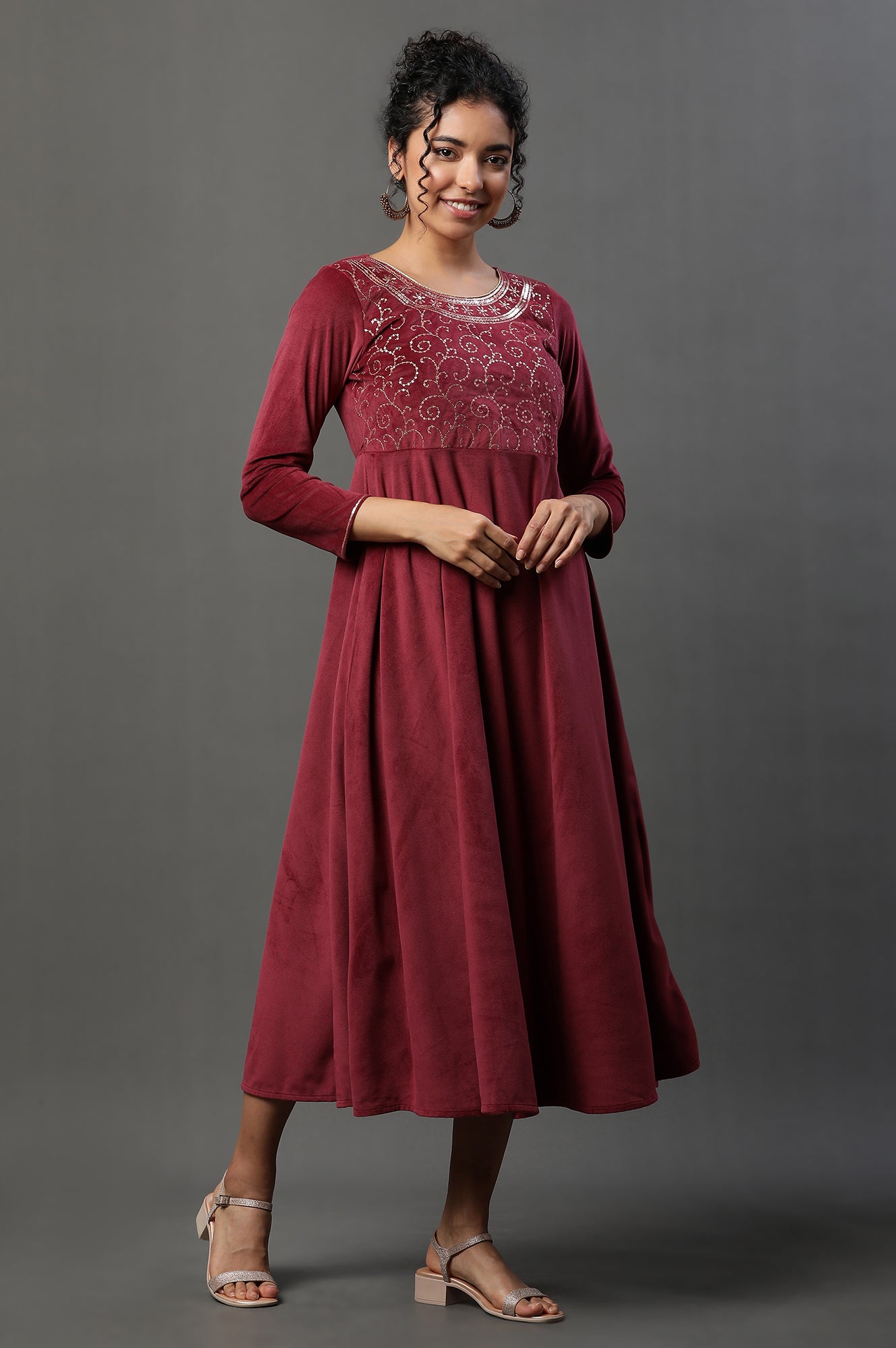 Red Embellished Velvet Festive Winter Dress