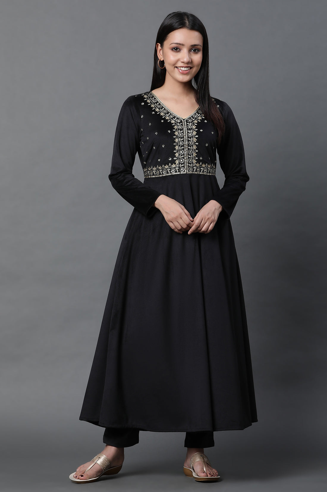Black Embroidered Velvet Winter Dress