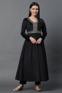 Black Embroidered Velvet Winter Dress
