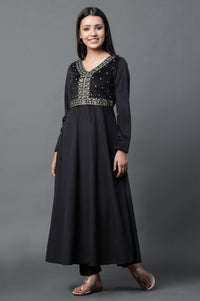 Black Embroidered Velvet Winter Dress