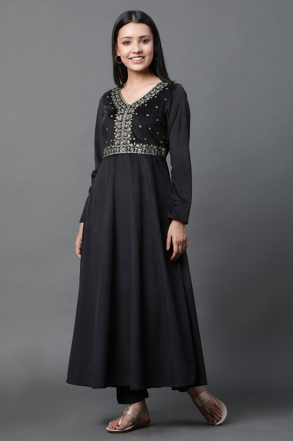Black Embroidered Velvet Winter Dress