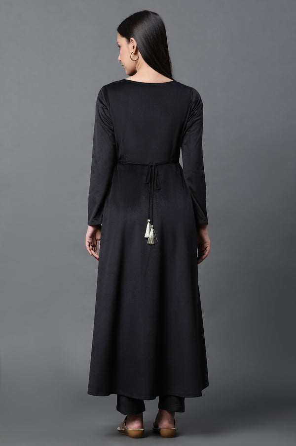Black Embroidered Velvet Winter Dress