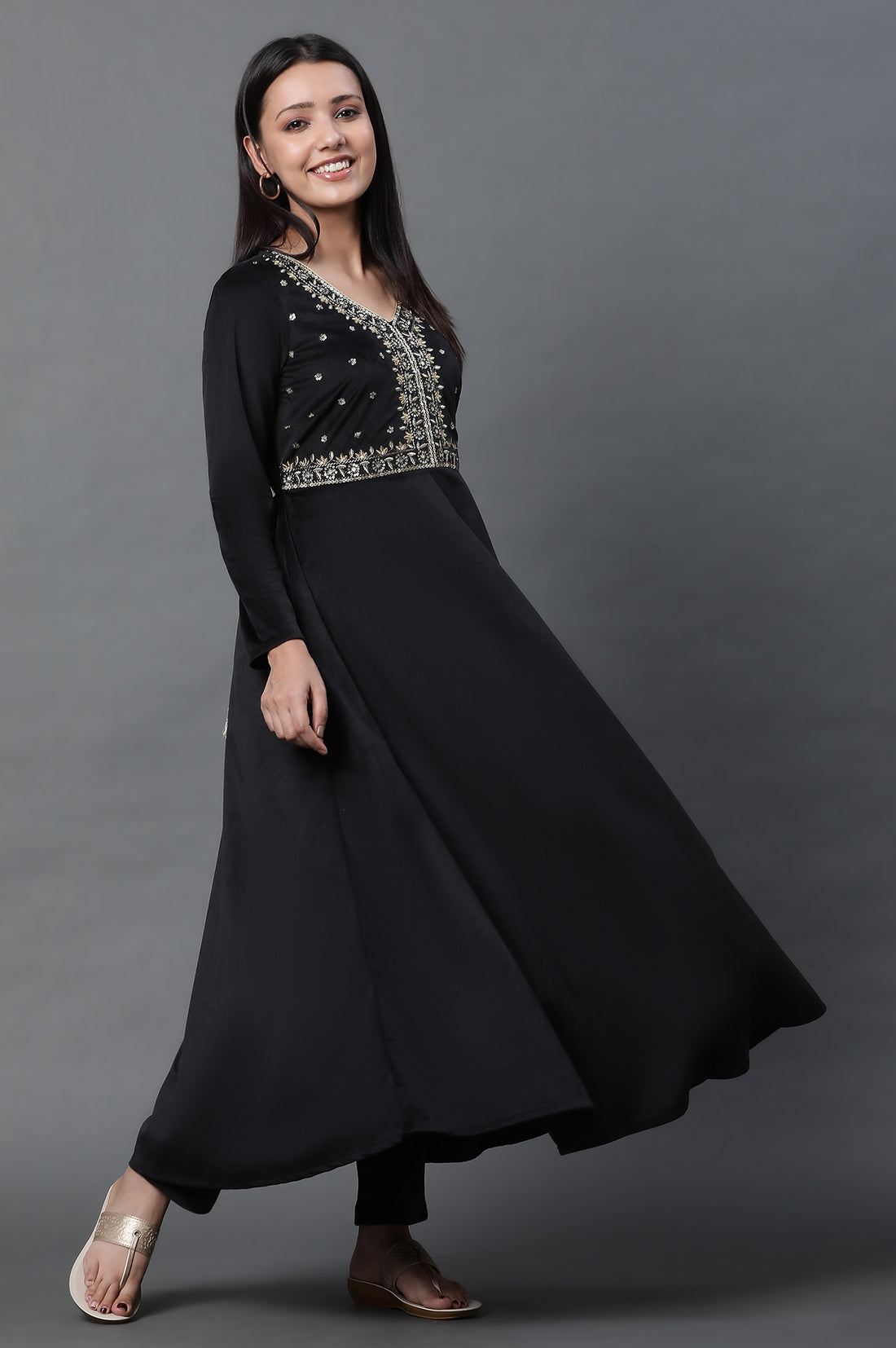Black Embroidered Velvet Winter Dress