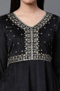 Black Embroidered Velvet Winter Dress