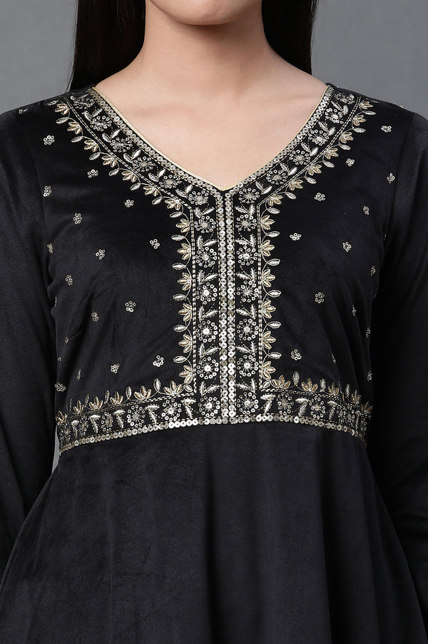 Black Embroidered Velvet Winter Dress