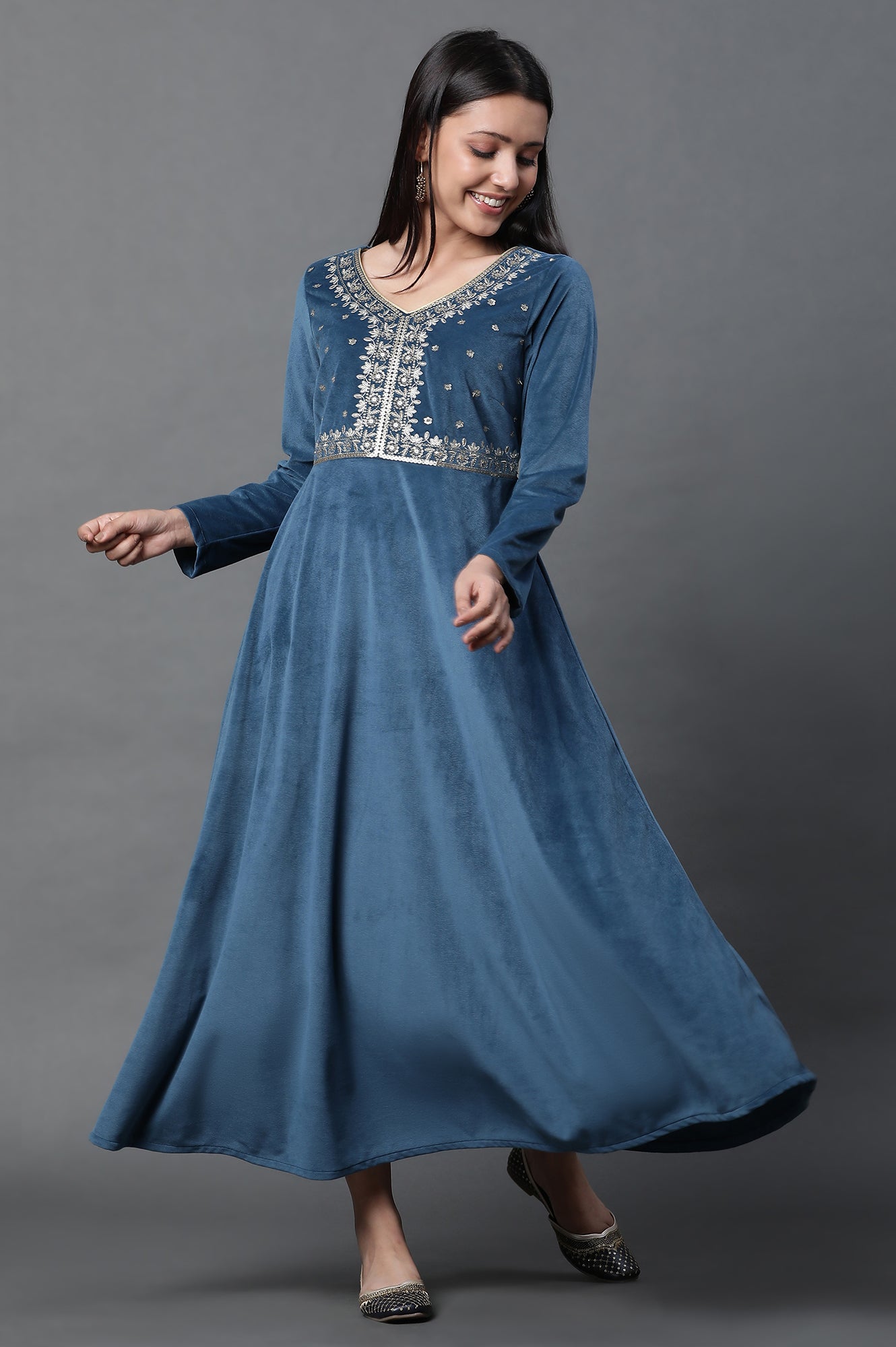 Blue Embroidered Velvet Winter Dress