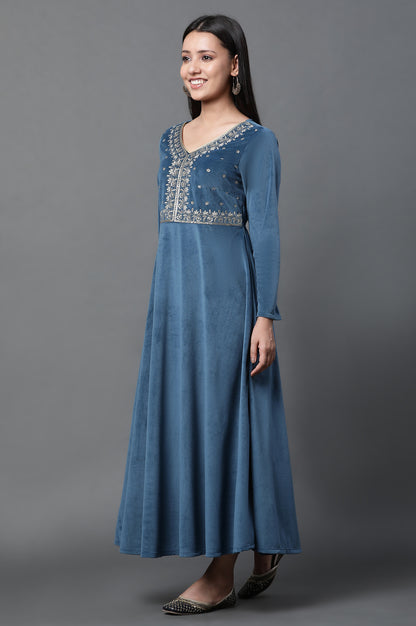 Blue Embroidered Velvet Winter Dress