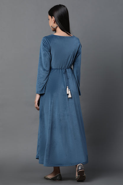 Blue Embroidered Velvet Winter Dress