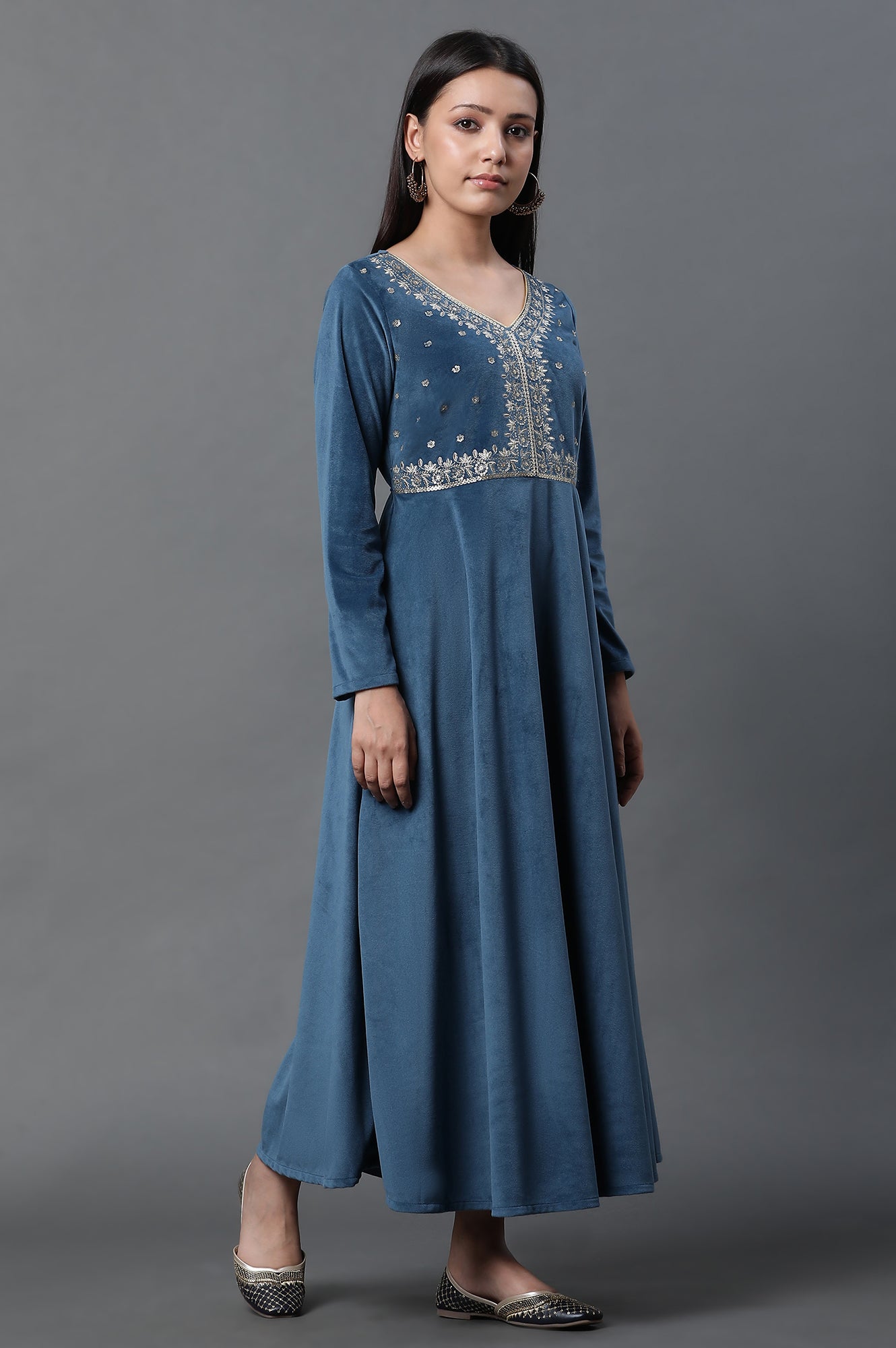 Blue Embroidered Velvet Winter Dress