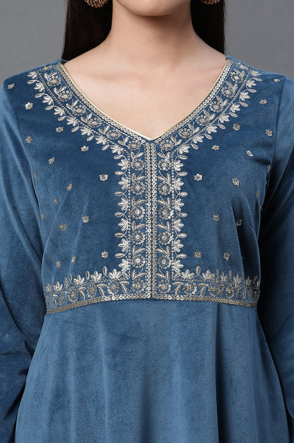 Blue Embroidered Velvet Winter Dress