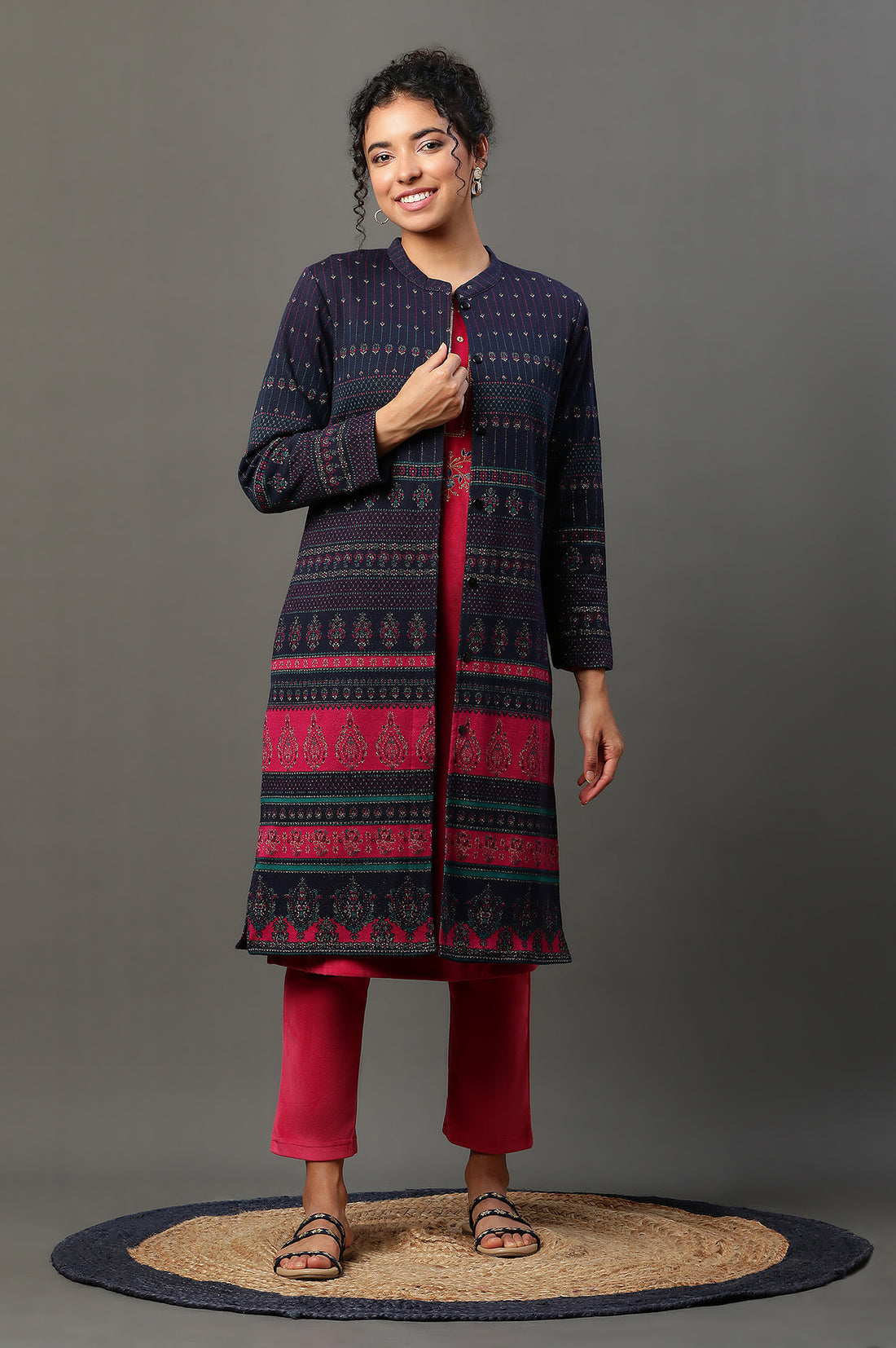 Navy Yark Dyed Ethnic Winter Jacket
