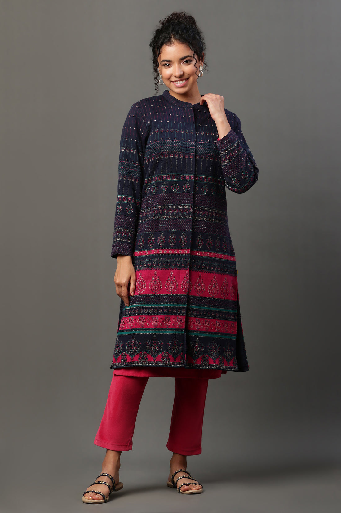 Navy Yark Dyed Ethnic Winter Jacket