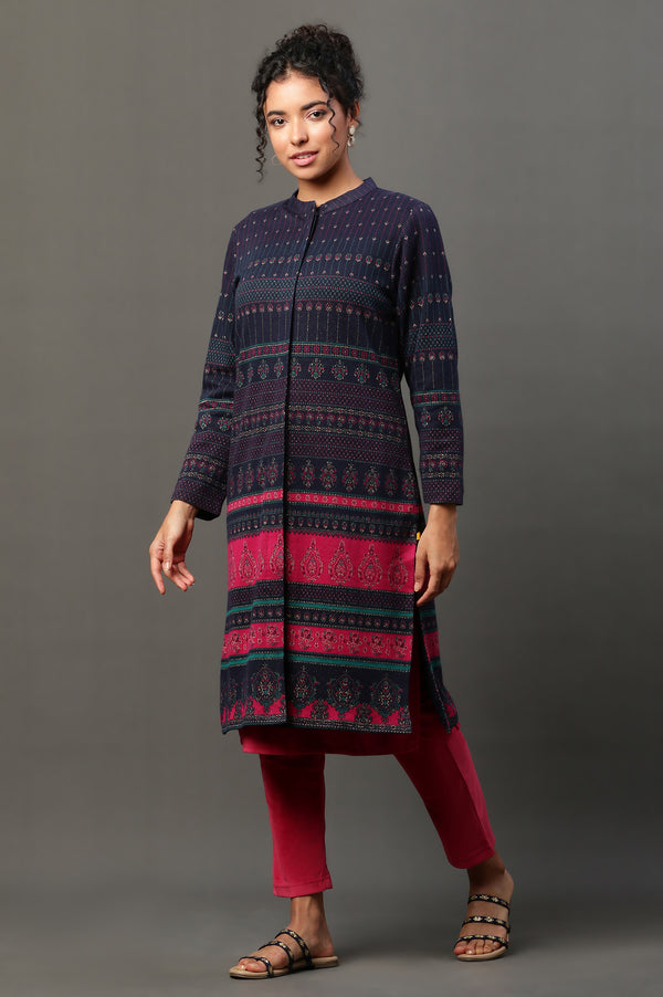 Navy Yark Dyed Ethnic Winter Jacket