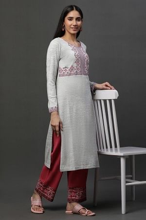 Grey Yarn Dyed Printed Winter Kurta and Pants Set