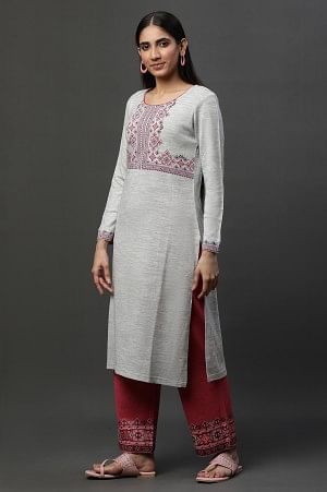 Grey Yarn Dyed Printed Winter Kurta and Pants Set