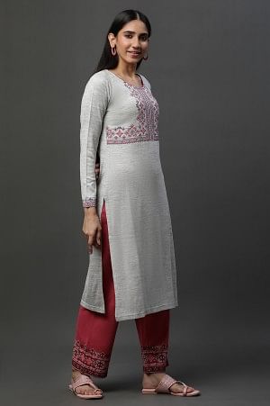 Grey Yarn Dyed Printed Winter Kurta and Pants Set