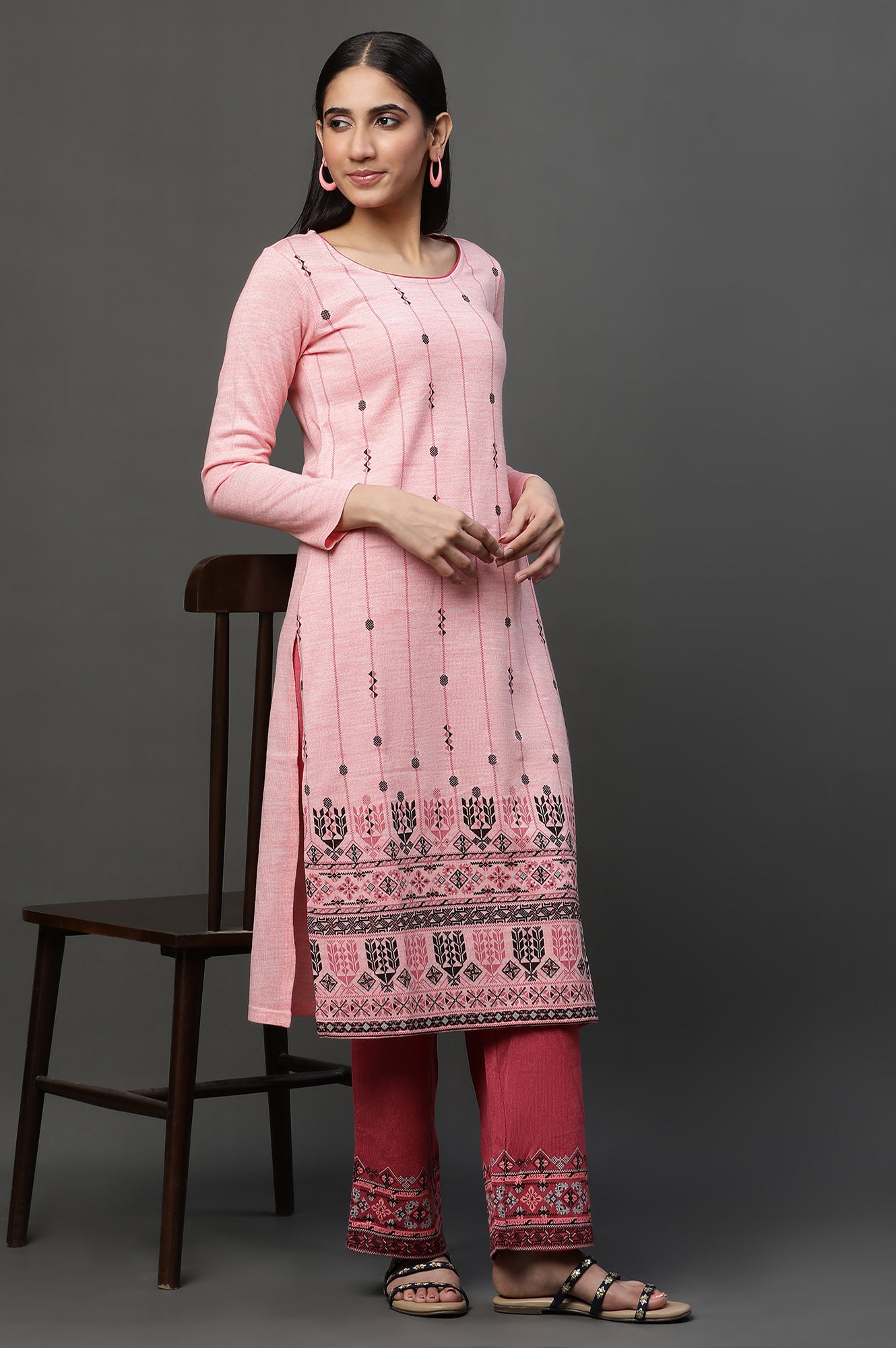 Peach Floral Printed Winter Kurta and Pants Set