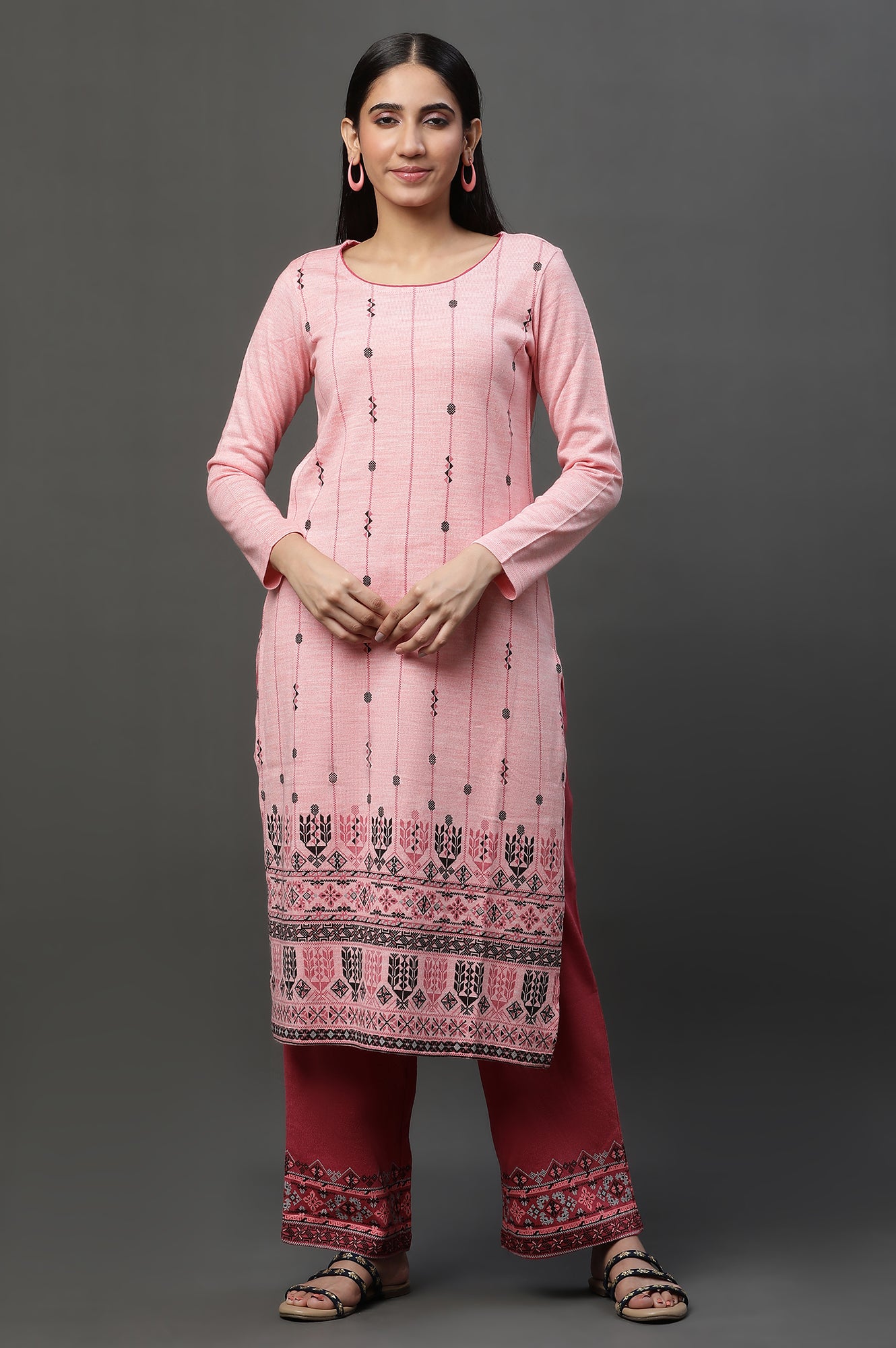 Peach Floral Printed Winter Kurta and Pants Set