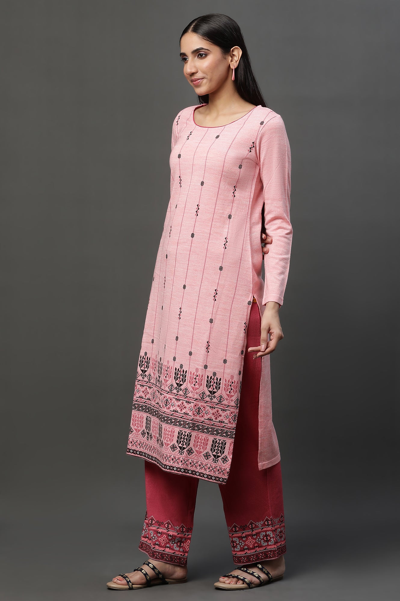 Peach Floral Printed Winter Kurta and Pants Set