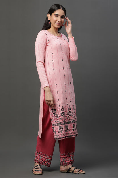 Peach Floral Printed Winter Kurta and Pants Set