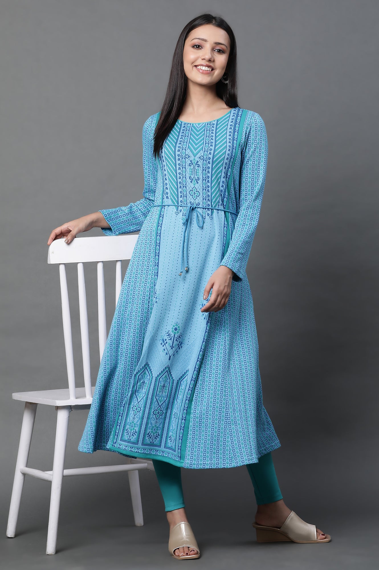 Blue Printed Flared Kurta and Tights Winter Set