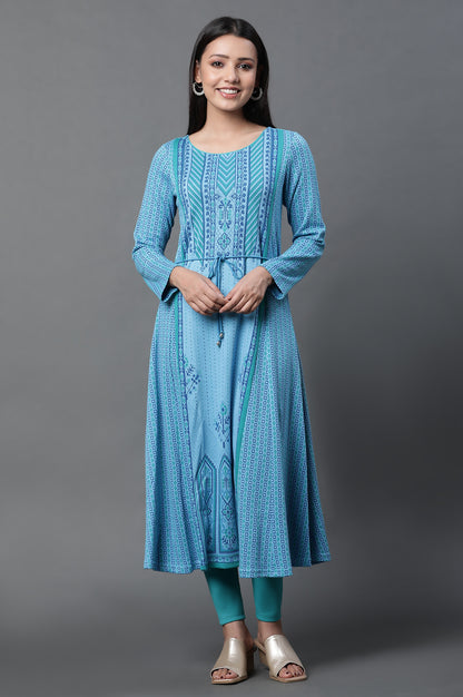 Blue Printed Flared Kurta and Tights Winter Set