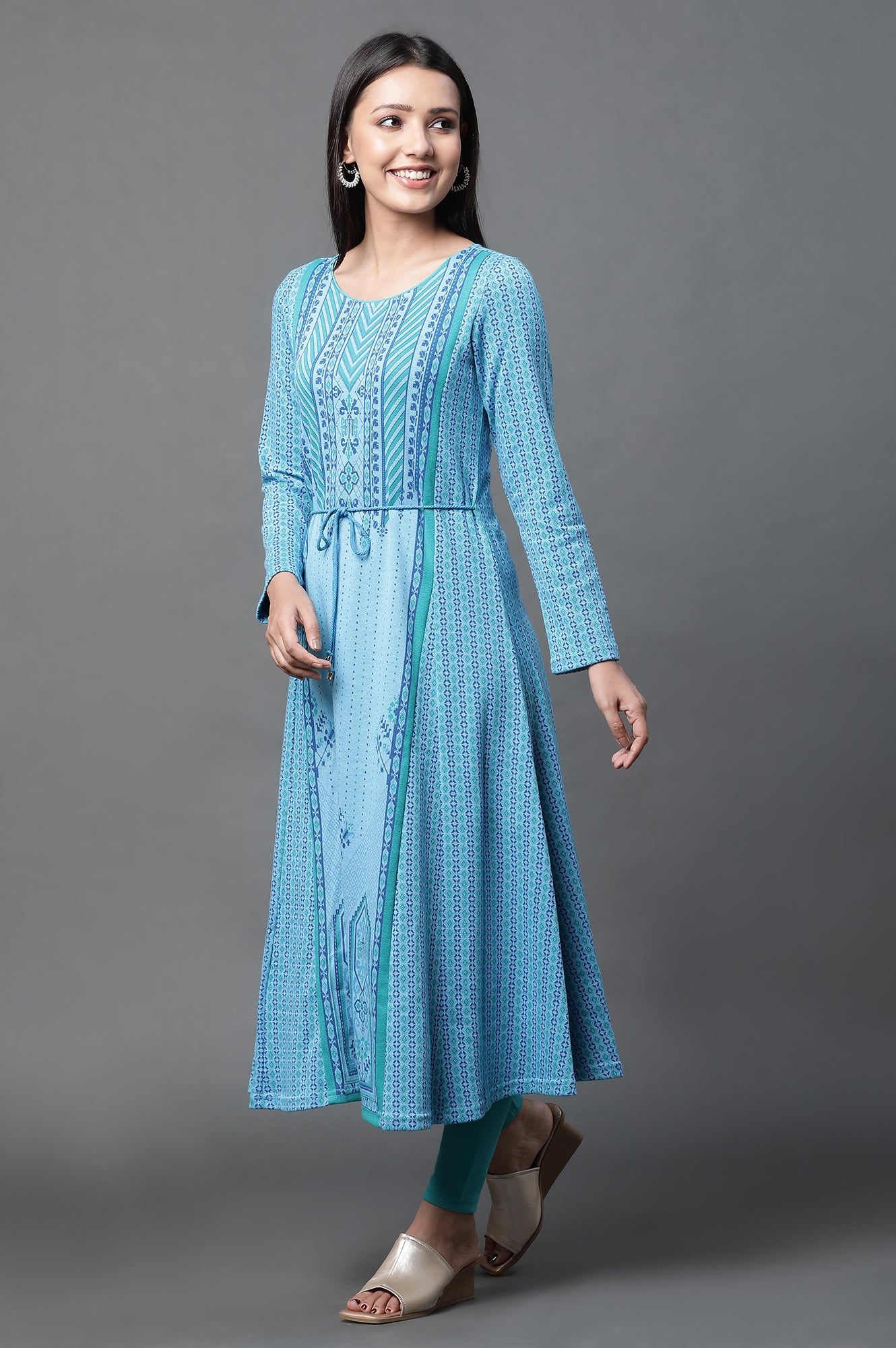 Blue Printed Flared Kurta and Tights Winter Set