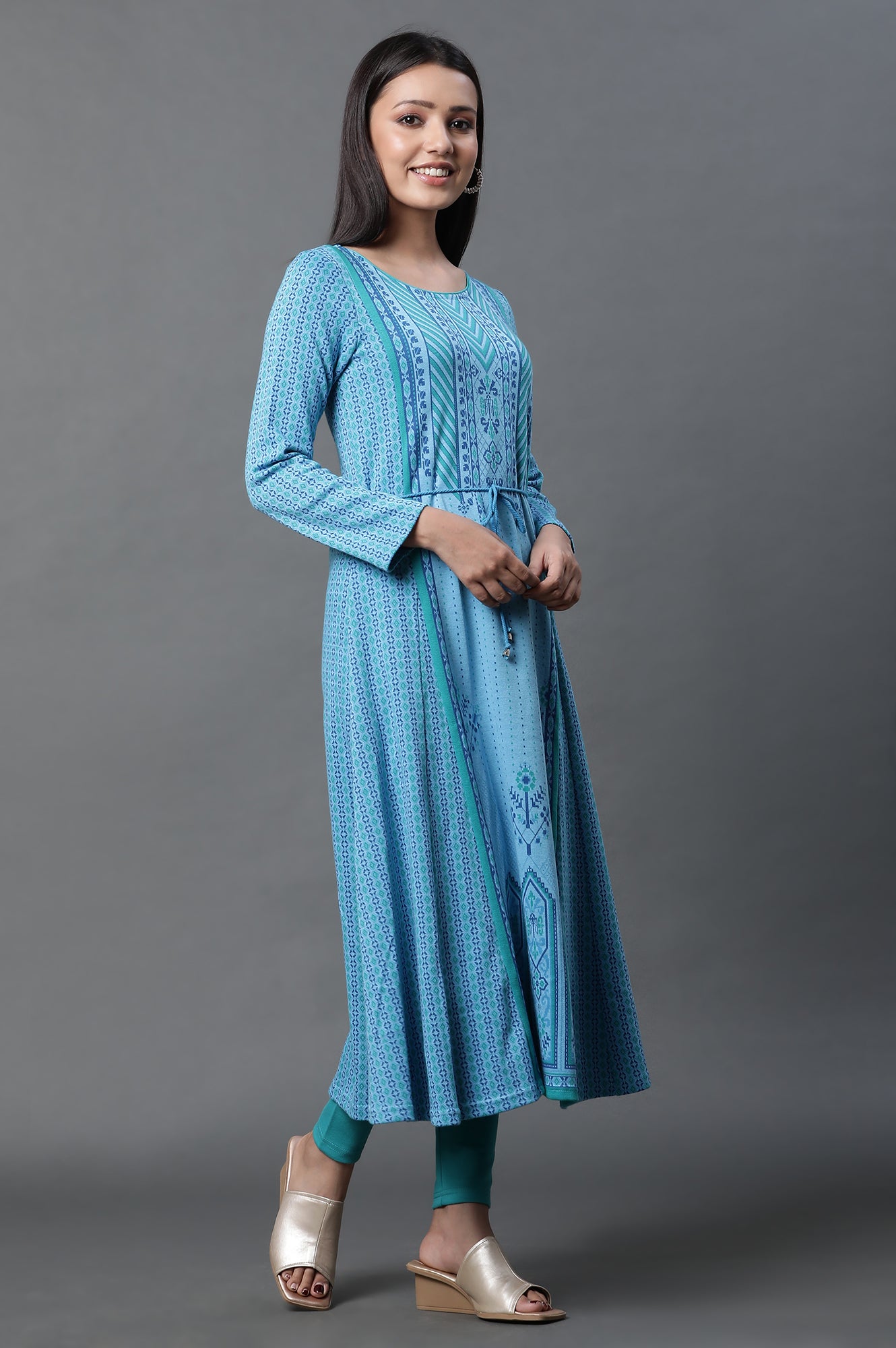 Blue Printed Flared Kurta and Tights Winter Set