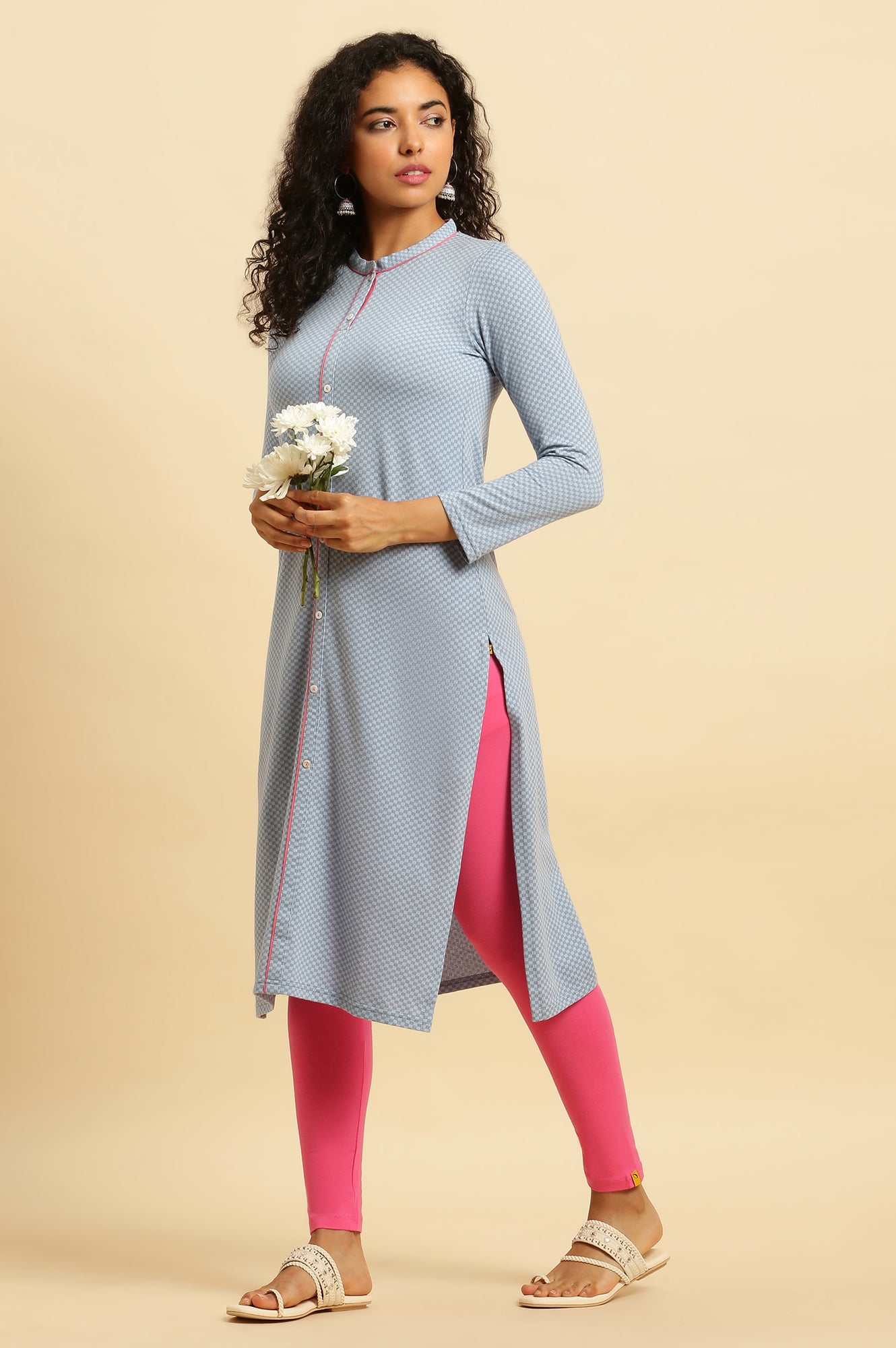 Blue Printed Winter Kurta and Pink Tights Set