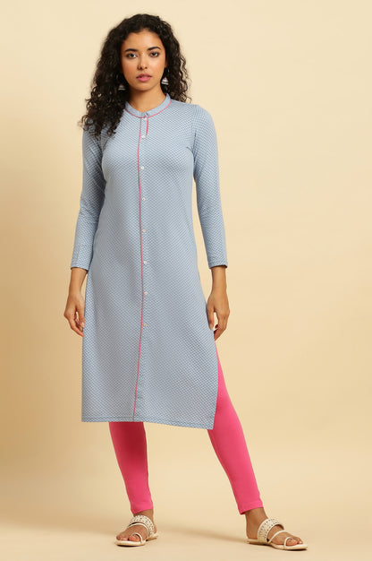 Blue Printed Winter Kurta and Pink Tights Set