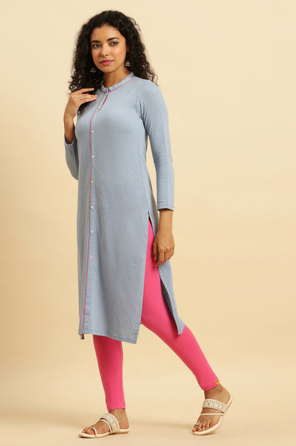 Blue Printed Winter Kurta and Pink Tights Set