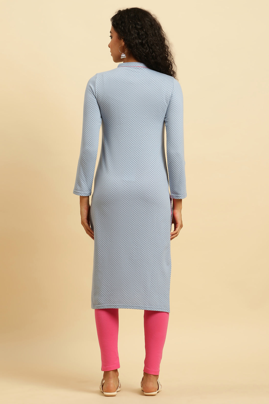 Blue Printed Winter Kurta and Pink Tights Set