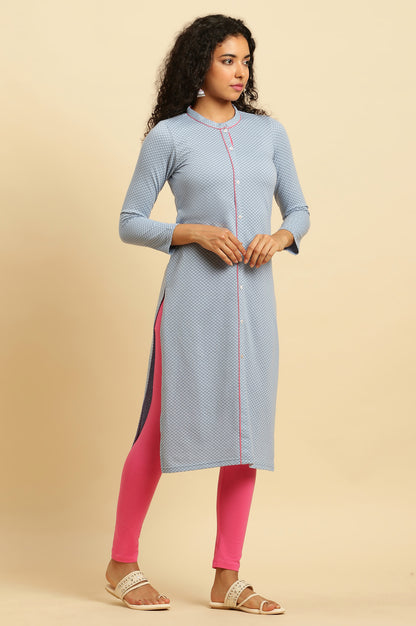 Blue Printed Winter Kurta and Pink Tights Set