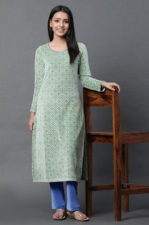 Green Geometric Printed Kurta and Pants Winter Set